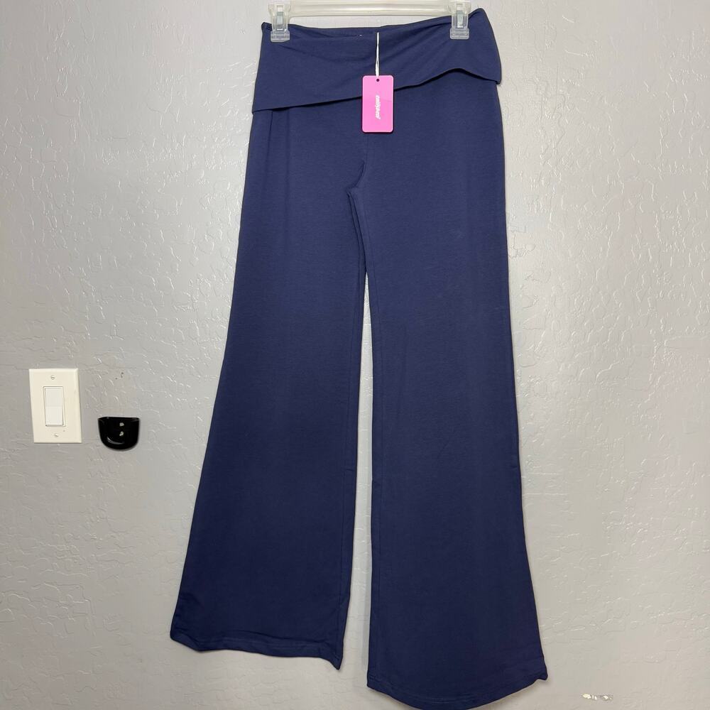 Edikted Wide Leg Foldover Pants, Navy, S - Picture 2 of 3